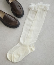 レースフリル透かしストライプハイソックス