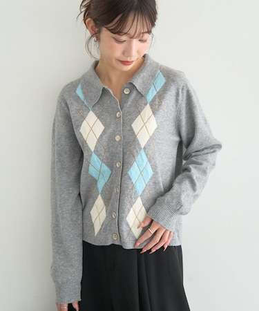 襟付きアーガイルニットカーディガン