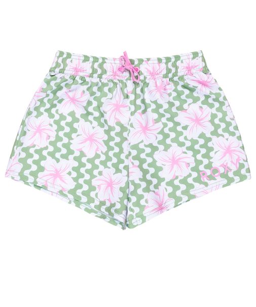 【OUTLET】Roxy PARTY WAVES BOARDSHORT キッズ ボードショーツ ハイビスカス柄 グリーン 花柄