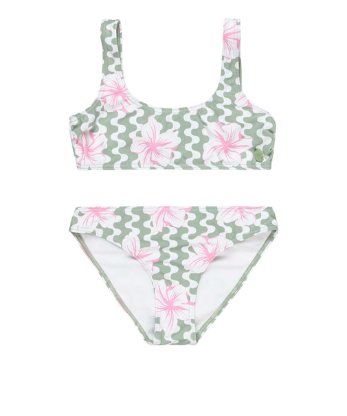 【OUTLET】Roxy PARTY WAVES BRALETTE SET 2 キッズ ビキニセット ハイビスカス柄 グリーン