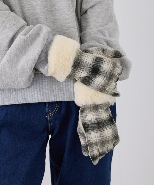 チェック×フェイクファーグローブ