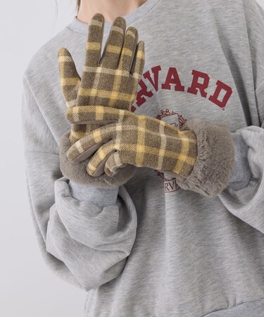 チェック×フェイクファーグローブ