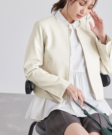 シンセティックレザーノーカラージャケット
