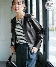 【花粉ガード】シンセティックレザーノーカラージャケット