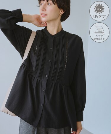 【UVケア・防シワ】羽織れるピンタックデザインペプラムシャツ