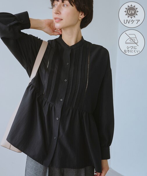 【UVケア・防シワ】羽織れるピンタックデザインペプラムシャツ