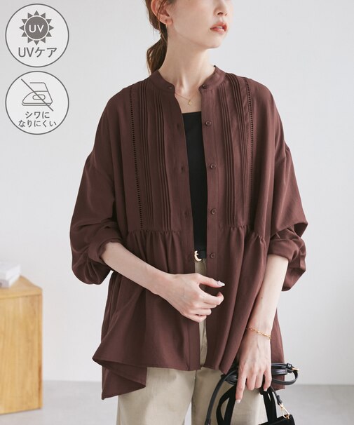 【UVケア・防シワ】羽織れるピンタックデザインペプラムシャツ