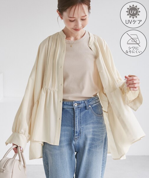 【UVケア・防シワ】羽織れるピンタックデザインペプラムシャツ