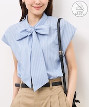 【防シワ】リボンフレンチスリーブシャツ