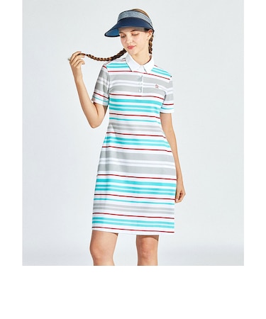 マンシングウェア MUNSINGWEAR ストレッチ マナード先染めパネルボーダー半袖ワンピース(インナーパンツ付き)