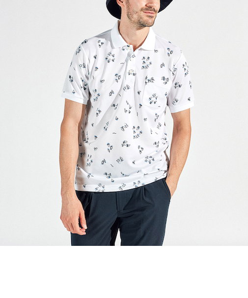 『SEASON』サンスクリーンヨットモチーフ総柄プリント半袖ポロシャツ