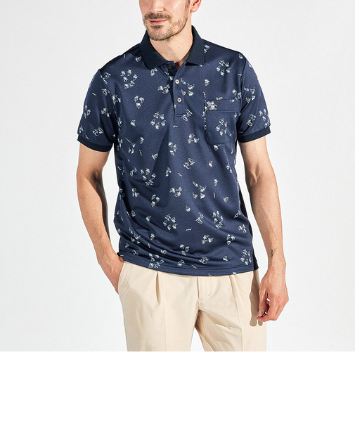 『SEASON』サンスクリーンヨットモチーフ総柄プリント半袖ポロシャツ