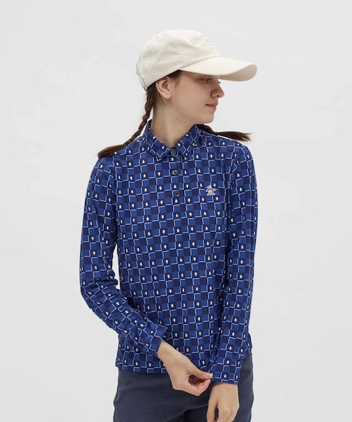 マンシングウェア MUNSINGWEAR ブロックチェック柄プリント長袖ポロシャツ