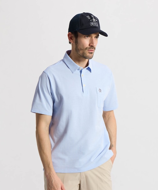 マンシングウェア MUNSINGWEAR シアサッカーストライプ台襟付き半袖ポロシャツ
