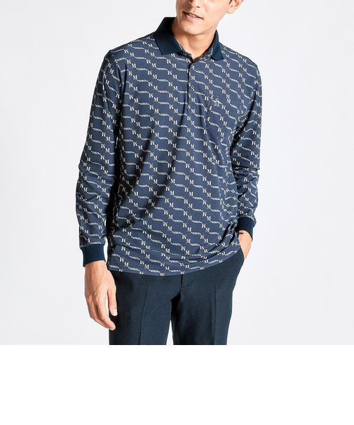 『SEASON COLLECTION』吸汗速乾ストレッチ総柄プリント長袖ポロシャツ