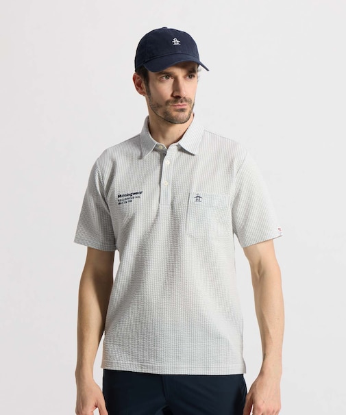 マンシングウェア MUNSINGWEAR ストレッチシアサッカーストライプ台襟付き半袖ポロシャツ