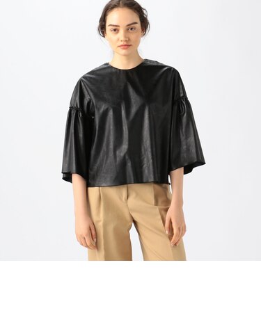 【別注】金子綾×TOMORROWLAND ウェットフェイクレザー ラッフルスリーブブラウス