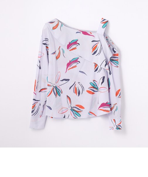 コットンフラワープリント ワンショルダーブラウス