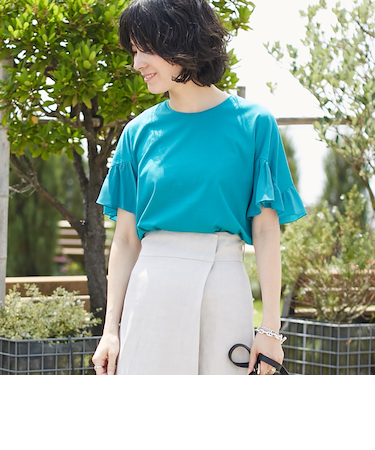 コットンシルクコンビ フリルスリーブプルオーバー