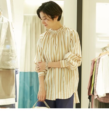コットンリネン ギャザーチュニックブラウス