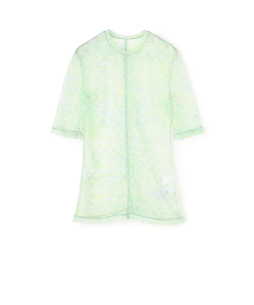 Mame Kurogouchi Marble Printed Plaid Sheer Crew Neck Top