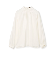 ウォッシャブルサテン スタンドギャザーカラーブラウス