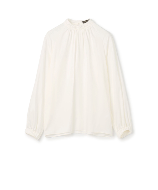 ウォッシャブルサテン スタンドギャザーカラーブラウス
