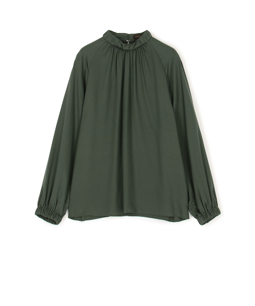 ウォッシャブルサテン スタンドギャザーカラーブラウス
