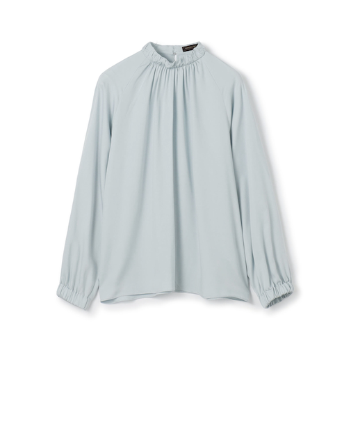 ウォッシャブルサテン スタンドギャザーカラーブラウス