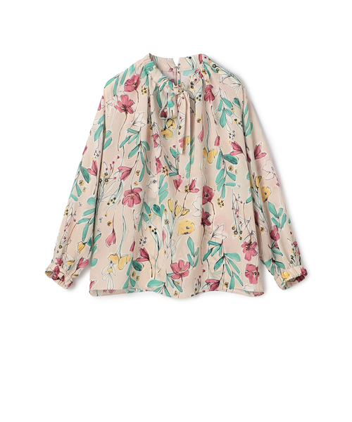 オキザリスフラワープリント ボウタイギャザーブラウス｜トゥモロ