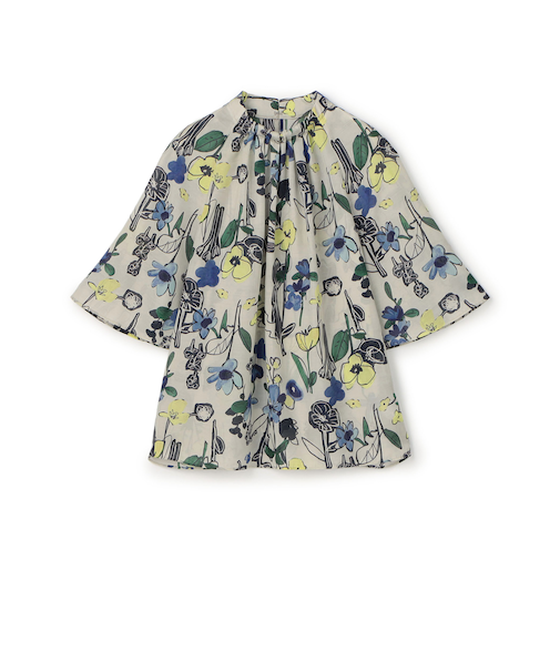 フラワーベッドプリント ネックギャザーブラウス