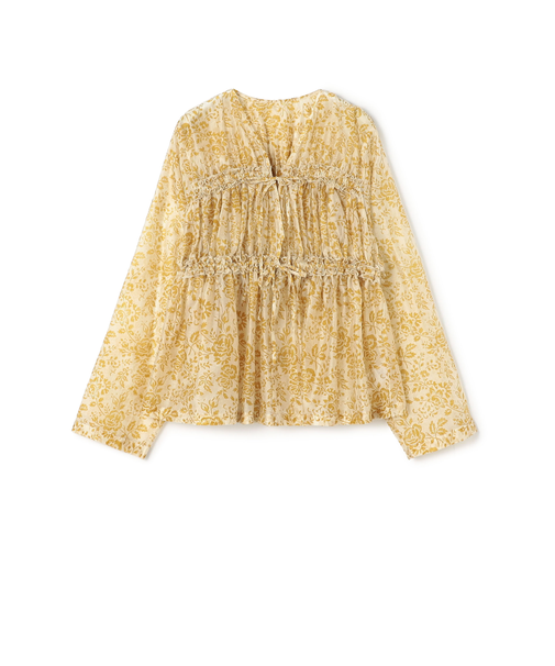 セルロースポリエステルプリント ギャザーブラウス