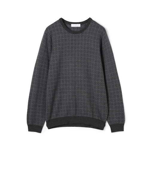 ウールシルクカシミヤ ジオメトリック柄 クルーネックプルオーバーニット