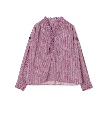 コットンレーヨンプリント スタンドフリルブラウス