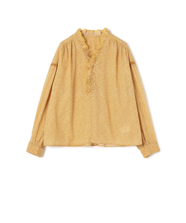 コットンレーヨンプリント スタンドフリルブラウス