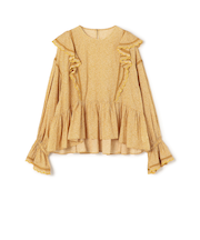 コットンレーヨンプリント ペプラムレースブラウス