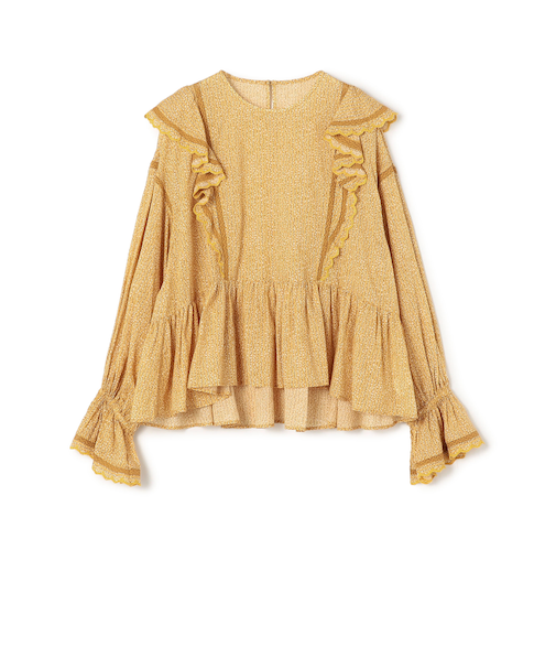 コットンレーヨンプリント ペプラムレースブラウス