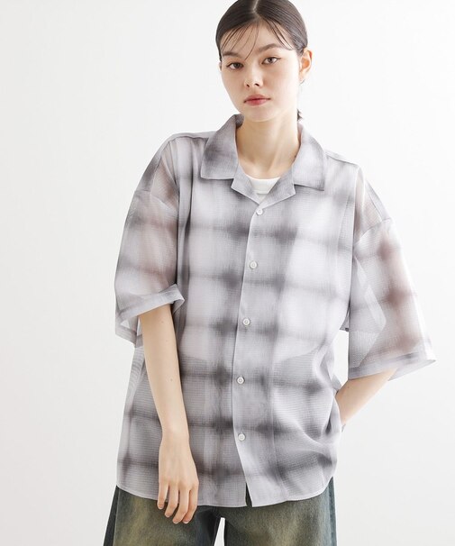 メッシュオンブレ―チェックシャツ