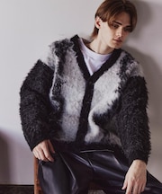 ボールドストライプシャギーニットVカーディガン