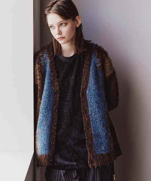 ボールドストライプシャギーニットVカーディガン