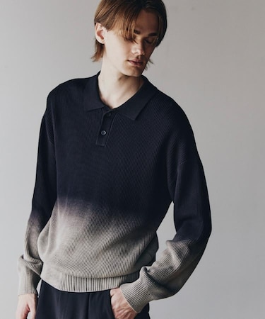 畦編みニットポロシャツブリーチ