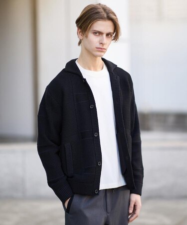 畦編みチェック ニットカーディガン