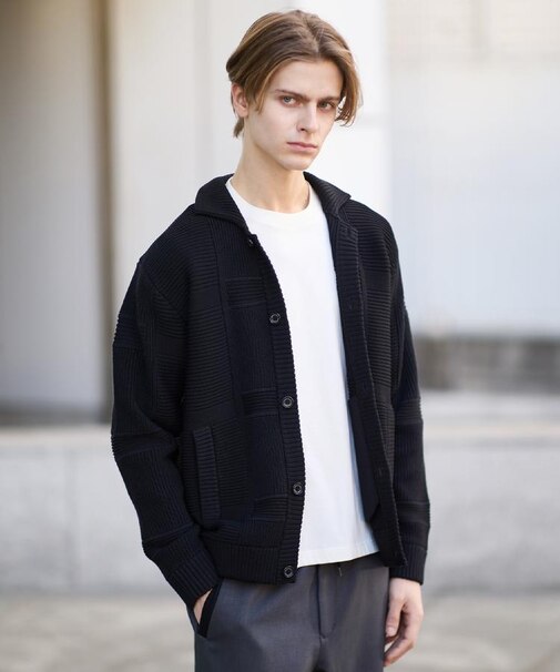 畦編みチェック ニットカーディガン