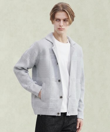 畦編みチェック ニットカーディガン