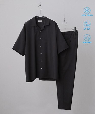 【暑い夏に最適！】ルーズトロミシャツセットアップ/上下2点セット/接触冷感/ストレッチ/洗える/オープンカラーシャツ/ワイドテーパードパンツ