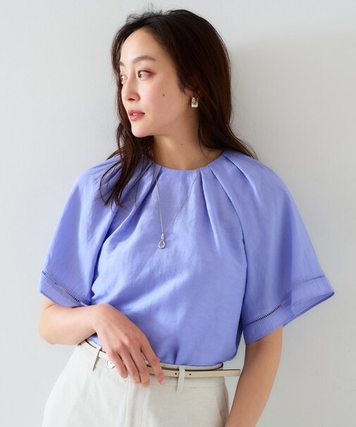 【セットアップ可能】リネン混 タックブラウス