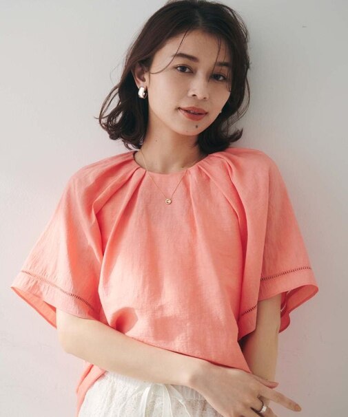 【セットアップ可能】リネン混 タックブラウス