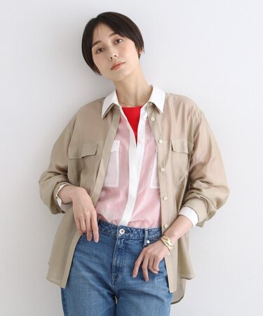 【洗える／シアー】モードストライプブラウス