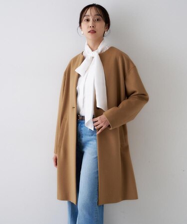 【ゆったり/軽やか】カシミヤ混ノーカラーコート