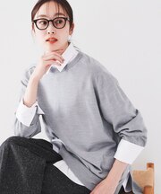 【体型カバー】ウール ロング丈プルオーバーニット